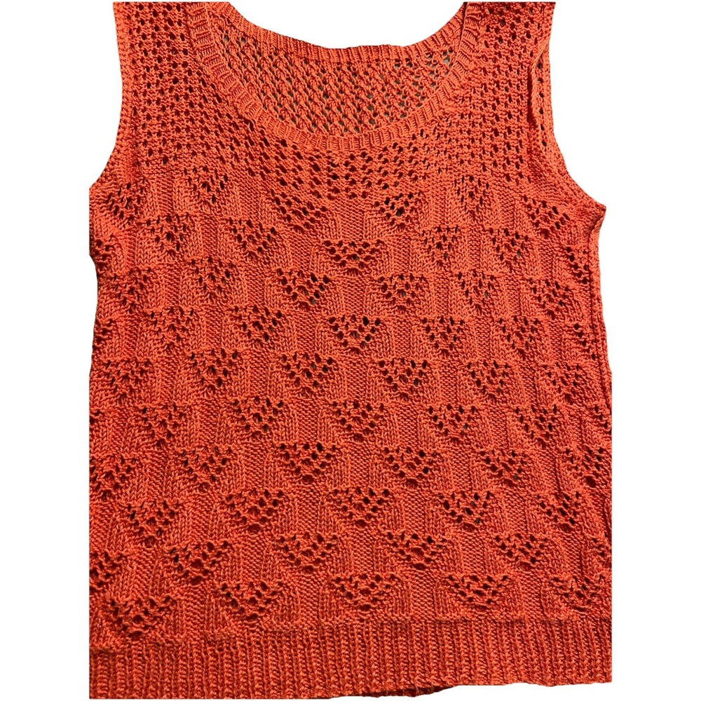 Hand knit Sleeveless Lace Cotton Knit Top L Lace Scoop Neck Orange